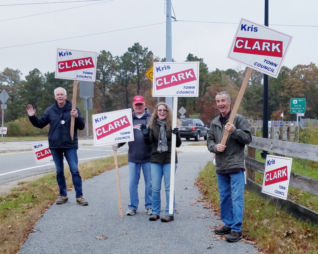 Kris Clark Supporters holding Kris Clark Signs at the Route 149 "roundabout" near the mid-cape highway. Stand Outs & Media Events