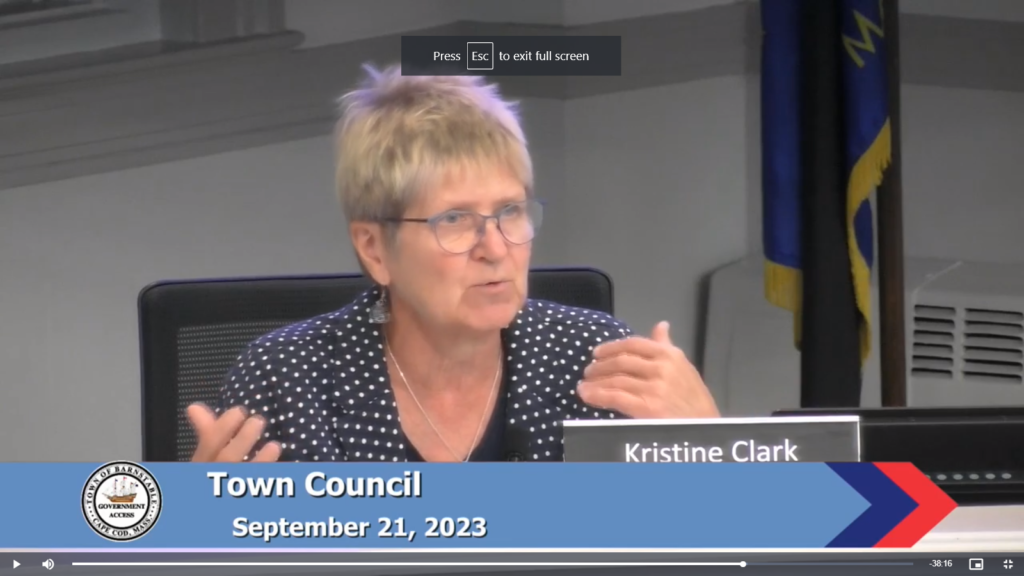 Kris Clark image lifted from video of Town of Barnstable Town Council Meeting 9/21/23